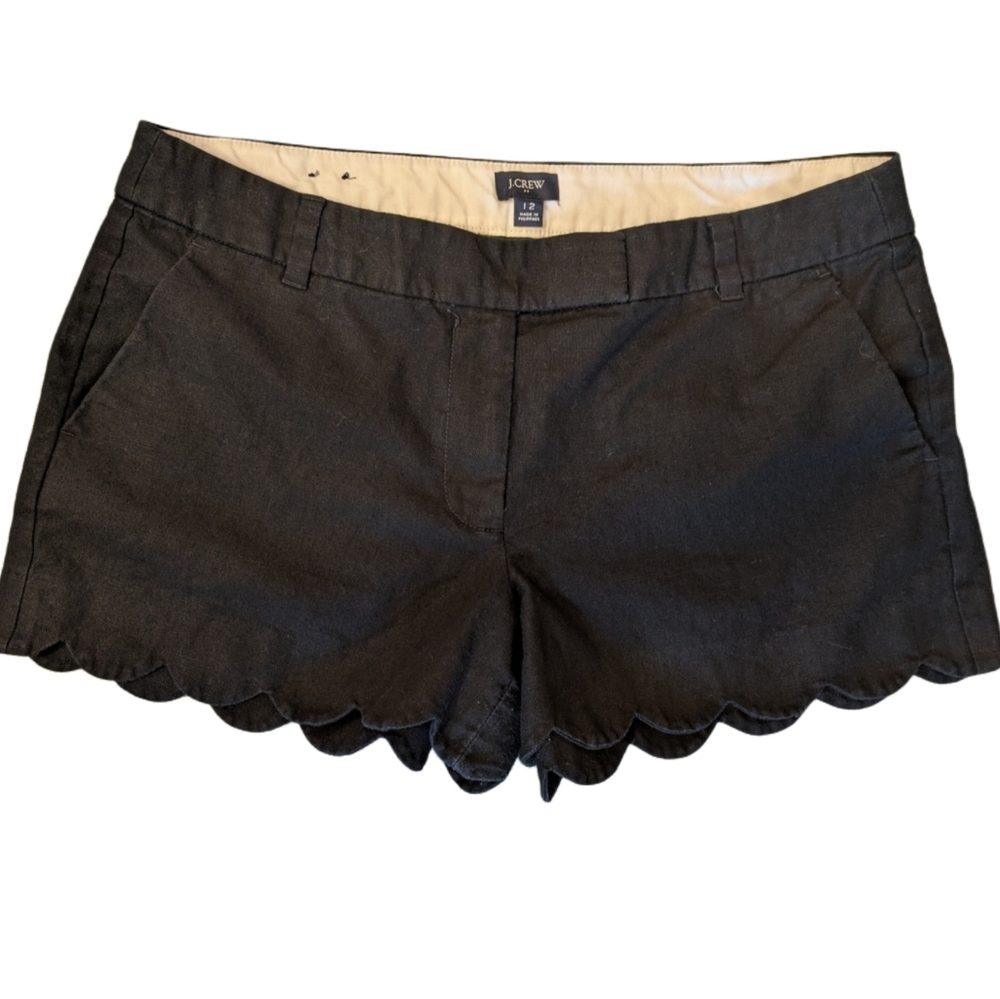 J. Crew Factory Women's 12 Black‎ Linen Blend Scalloped Edge Shorts Quiet Luxury